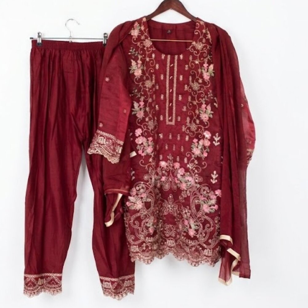 3-piece traditional pakistani maroon/burgundy formal outfit,